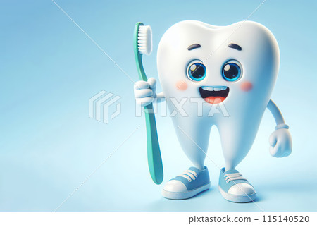 Happy tooth with toothbrush in hands. Space for text. Happy tooth with toothbrush in hands. Space for text. 115140520
