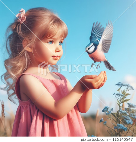 Little girl holding hands for a bird flying. Little girl holding hands for a bird flying. 115140547