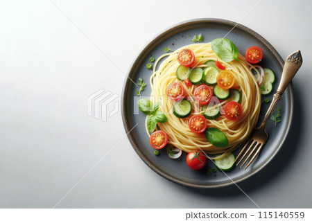 Plate of spaghetti with tomatoes and cucumbers. Space for text. Plate of spaghetti with tomatoes and cucumbers. Space for text. 115140559