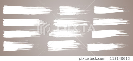 Paint brush. White ink grunge brush strokes. Vector paintbrush set. Grunge design elements. Painted ink stripes. Creative isolated spots. Ink smudge abstract shape stains and smear set 115140613
