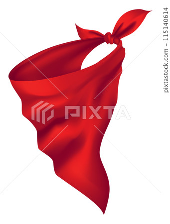 Red realistic bandana on neck. Youth fashion neck scarf or cowboy garment element template. Biker face scarf, bandanna neck shawl. Blank handkerchief unisex uniform. Western clothes 115140614
