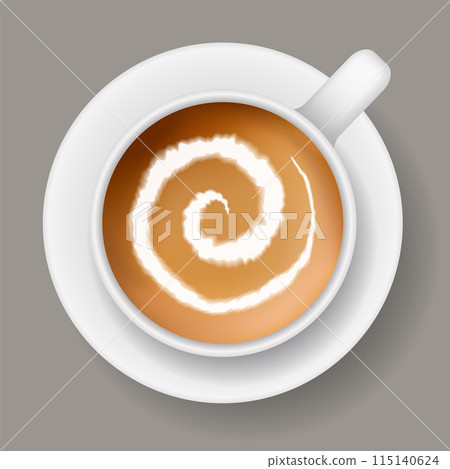 Coffee mug top view. Cappuccino espresso latte milk brown coffee vector realistic template 115140624