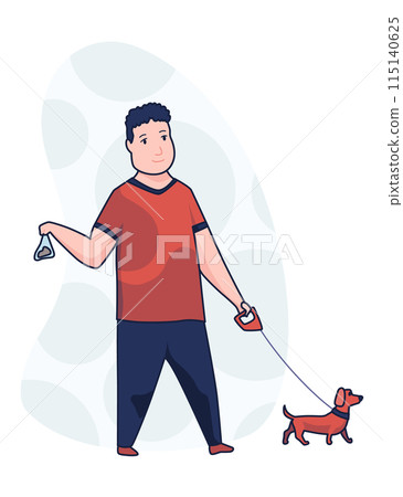 Cleaning after dog. Pet owner picking up pet waste during walk in public park. Animal responsibility of trash clean rules concept. Linear vector illustration 115140625