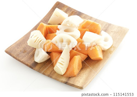 Chopped lotus root, bamboo shoots and carrots Chopped lotus root, bamboo shoots and carrots 115141553