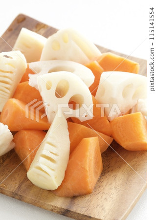 Chopped lotus root, bamboo shoots and carrots Chopped lotus root, bamboo shoots and carrots 115141554