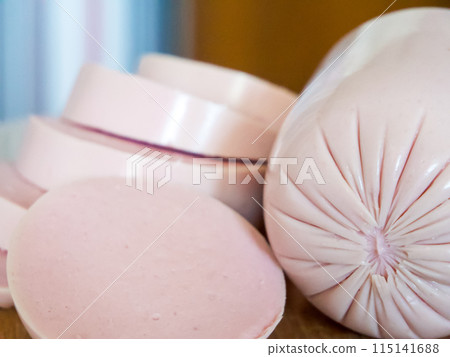 Cooking Ingredient Focus. Close-up view of sausage, useful for cooking content. 115141688
