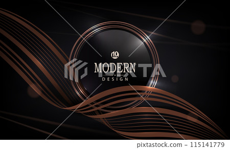 Illustration with a shiny gold frame with winding ribbons on a black background 115141779