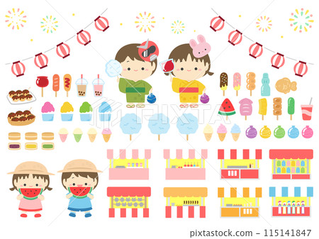 A set of illustrations of summer festival stalls, food and cute children A set of illustrations of summer festival stalls, food and cute children 115141847