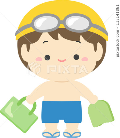 Boy in swimsuit holding kickboard and bag 02 Boy in swimsuit holding kickboard and bag 02 115141861