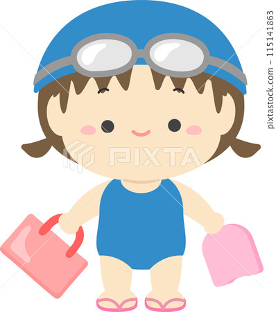 Girl in swimsuit holding kickboard and bag 02 Girl in swimsuit holding kickboard and bag 02 115141863