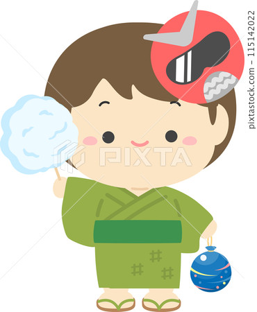 A boy wearing a yukata and a mask, Japanese summer festival character illustration material 04 115142022