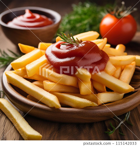 french fries, fried potatoes, crispy snack, fast food, side dish, deep-fried, golden brown, salted, potato sticks, comfort food, dipping sauce, ketchup, seasoned fries, shoestring fries, crinkle-cut f 115142033
