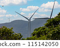 Imagine a stunning mountain landscape with sustainable wind power under clear blue skies 115142050