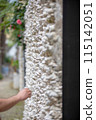 A persons hand making contact with a textured wall in an outdoor environment adorned with flowers 115142051