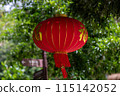 A beautiful red Chinese lantern hangs in the garden with a background of lush green foliage 115142052