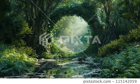 A bridge spans a river in a forest, blending into natures beauty 115142059