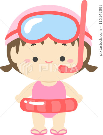 A girl in a swimsuit wearing a snorkel and holding a swim ring_Illustration material of a child on summer vacation 02 115142095