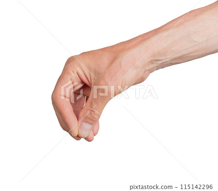 Hand pinching finger, white background. Person s wrist, thumb catching, squeezing, strong gesture. Hand pinching finger, white background. Person s wrist, thumb catching, squeezing, strong gesture. 115142296