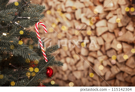 Holiday candy cane fir winter. Xmas Christmas merry card tree ornament present. Vintage festive Holiday candy cane fir winter. Xmas Christmas merry card tree ornament present. Vintage festive 115142304
