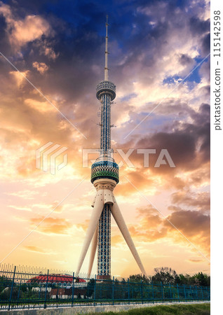 landmark television TV tower in Tashkent in Uzbekistan under cloudy sky at sunset in summer landmark television TV tower in Tashkent in Uzbekistan under cloudy sky at sunset in summer 115142598