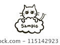 Line drawing of a cat with slanted eyes riding on a cloud 115142923