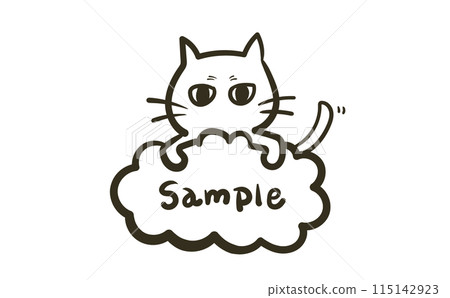 Line drawing of a cat with slanted eyes riding on a cloud 115142923