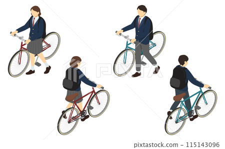 等軸圖：男女高中生推自行車 115143096