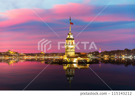 Maiden's or Leander's Tower in the Marmara sea, twilight view, Istanbul 115143212