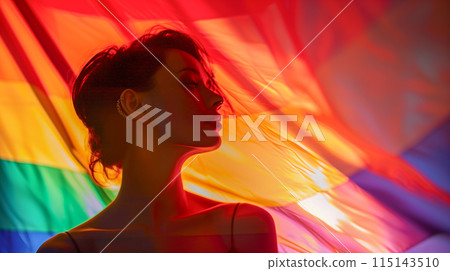 Lady with rainbow color flag, symbol of LGBT pride month celebrate annual in June social of gay, lesbian, bisexual, transgender, human rights. 115143510