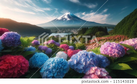 這是繡球花和富士山的圖像。繡球花盛開，色彩美麗，背景是白雪皚皚的富士山。 115143819