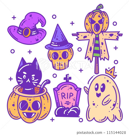 Hand drawn happy Halloween elements icon collection full color 115144028