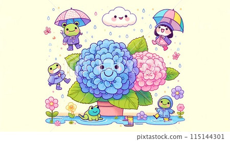 It's a picture of the rainy season. It features smiling clouds, cute frogs, colorful rain boots, and children playing in puddles. It's a picture of the rainy season. It features smiling clouds, cute frogs, colorful rain boots, and children playing in puddles. 115144301