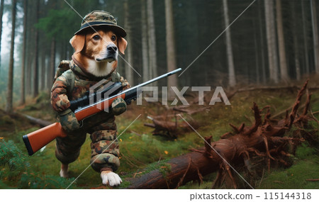 Cartoon puppy in camouflage gear holding a rifle, walking through a dense forest with a backdrop of tall trees and moss-covered ground, adding to the adventurous scene. 115144318