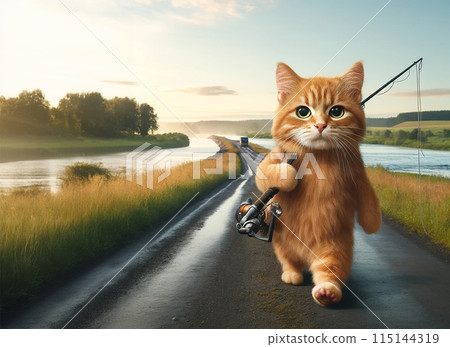 Cartoon kitten walking on a road by a river, carrying a fishing rod, with a scenic landscape of trees, grass, and distant hills. 115144319