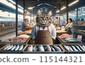 Cartoon cat selling fresh fish at a lively market stall, surrounded by other vendors and shoppers in a bustling market scene. 115144321