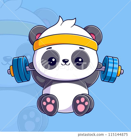 Cute panda sitting wearing a headband and lifting weights 115144875