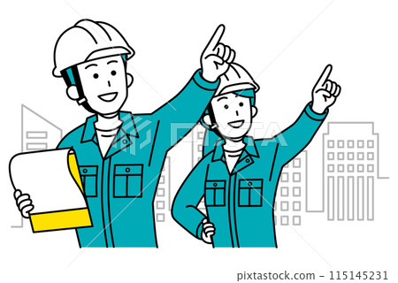Male and female workers pointing into the distance while looking at a drawing with a group of buildings in the background 115145231
