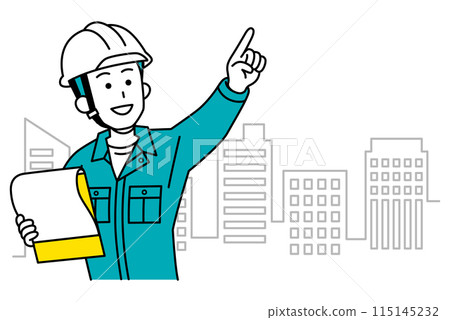 A male worker points into the distance while looking at a drawing with a group of buildings in the background 115145232