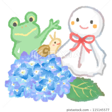 An illustration of a frog introducing his friends in a hydrangea garden An illustration of a frog introducing his friends in a hydrangea garden 115145577