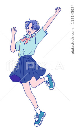 Anime-style female student jumping with joy 115145924