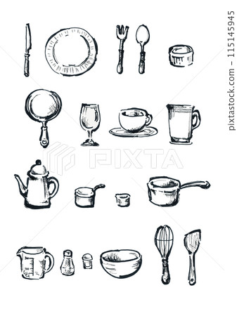 Tableware, kitchen supplies, cooking utensils hand-drawn illustrations in monochrome Tableware, kitchen supplies, cooking utensils hand-drawn illustrations in monochrome 115145945