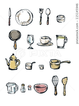 Tableware, kitchen utensils, and cooking utensils hand-drawn illustrations 115145946