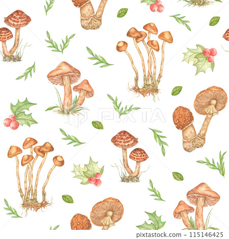 Watercolor pattern with wild mushrooms, leaves and berries, bright seamless ornament on a white background. Design for wrapping paper, fabric, cover, children's goods and office supplies Watercolor pattern with wild mushrooms, leaves and berries, bright seamless ornament on a white background. Design for wrapping paper, fabric, cover, children's goods and office supplies 115146425