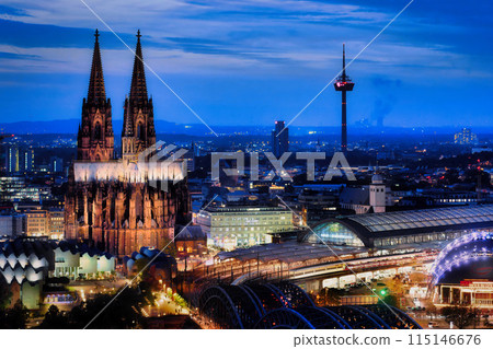 Arial view of the illuminated cologne cathedral Arial view of the illuminated cologne cathedral 115146676