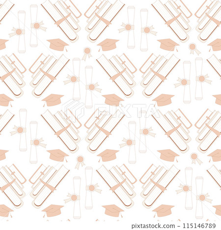 University education seamless pattern. Diploma, graduation caps and books. Learning endless background. Knowledge repeat cover. Vector hand drawn outline illustration. 115146789