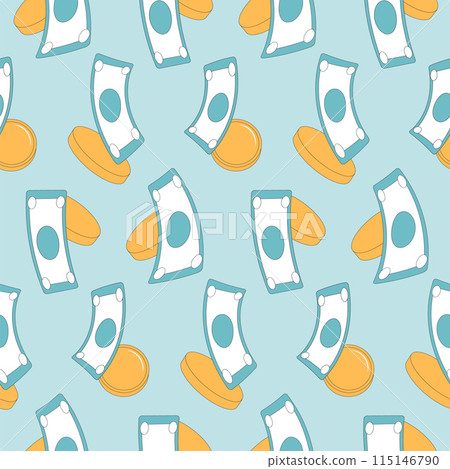 Cash money seamless pattern. Coins and notes repeat background. Vector outline illustration. 115146790
