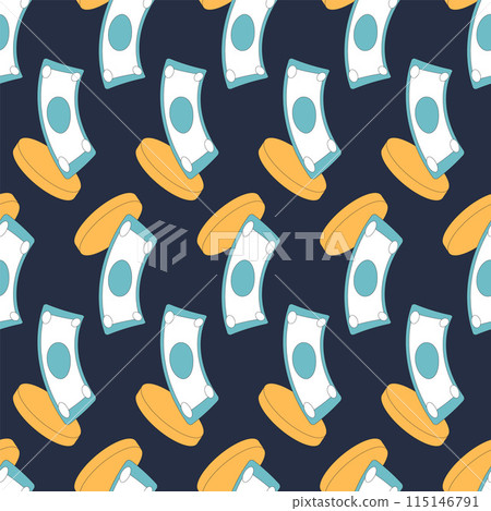 Monetary motif featuring an assortment of coins and paper currency in continuous pattern. Finance seamless background. Vector outline illustration. 115146791