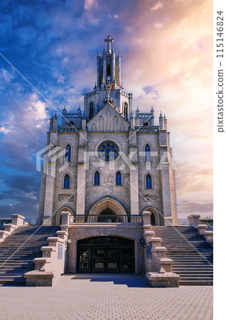 ancient medieval Catholic Church in Gothic style. Cathedral of Sacred Heart of Jesus in Tashkent in Uzbekistan in summer day 115146824