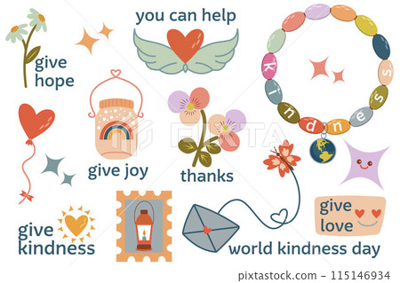 A cute sticker set with kindness thanks and love. Concept of kindness, love, thanks, hope and joy. Includes phrases and illustrations. 115146934