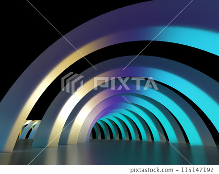3D illustration of an archway lit by fantastic lights 115147192